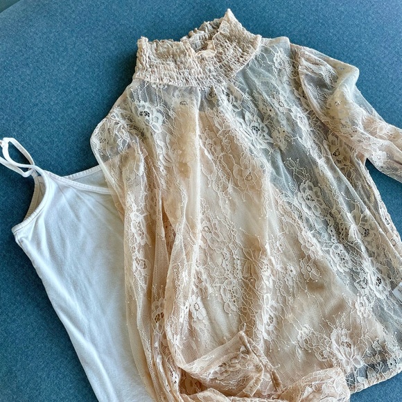 Lulu’s Sheer Leader Blush Pink Lace Mock Neck Long Sleeve Top XS - Picture 14 of 14